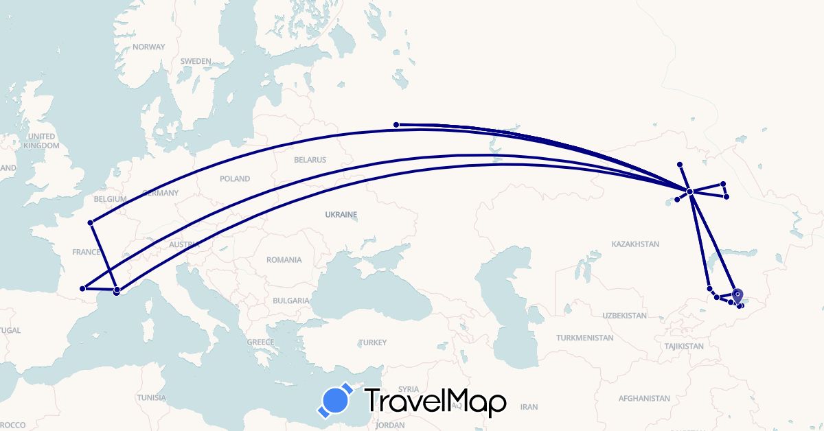 TravelMap itinerary: driving in France, Kyrgyzstan, Kazakhstan, Russia (Asia, Europe)